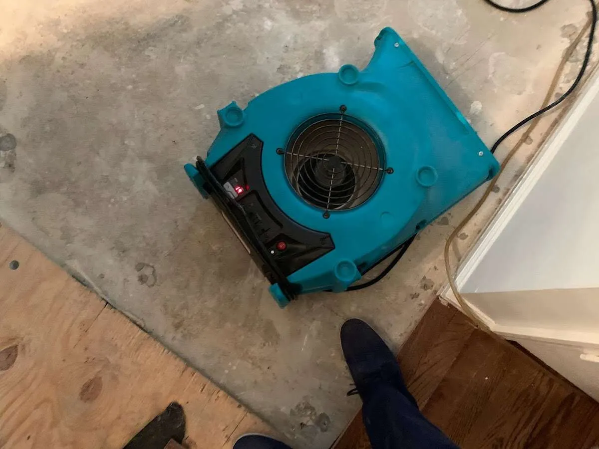 Air mover drying subfloor during Commercial Water Damage Restoration in Wasco